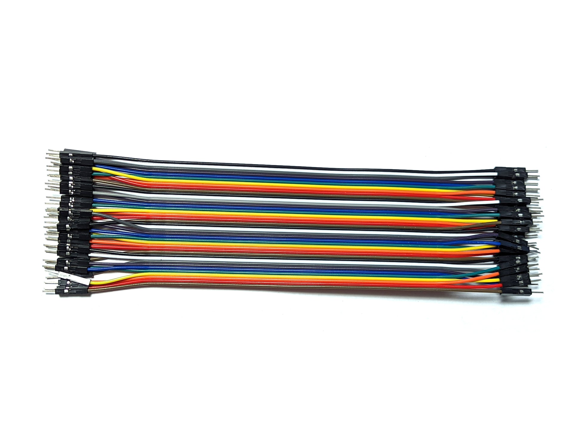 A bundle of 40 DuPont wires in various colors including black, white, grey, purple, blue, green, yellow, orange, and red, arranged neatly side by side.