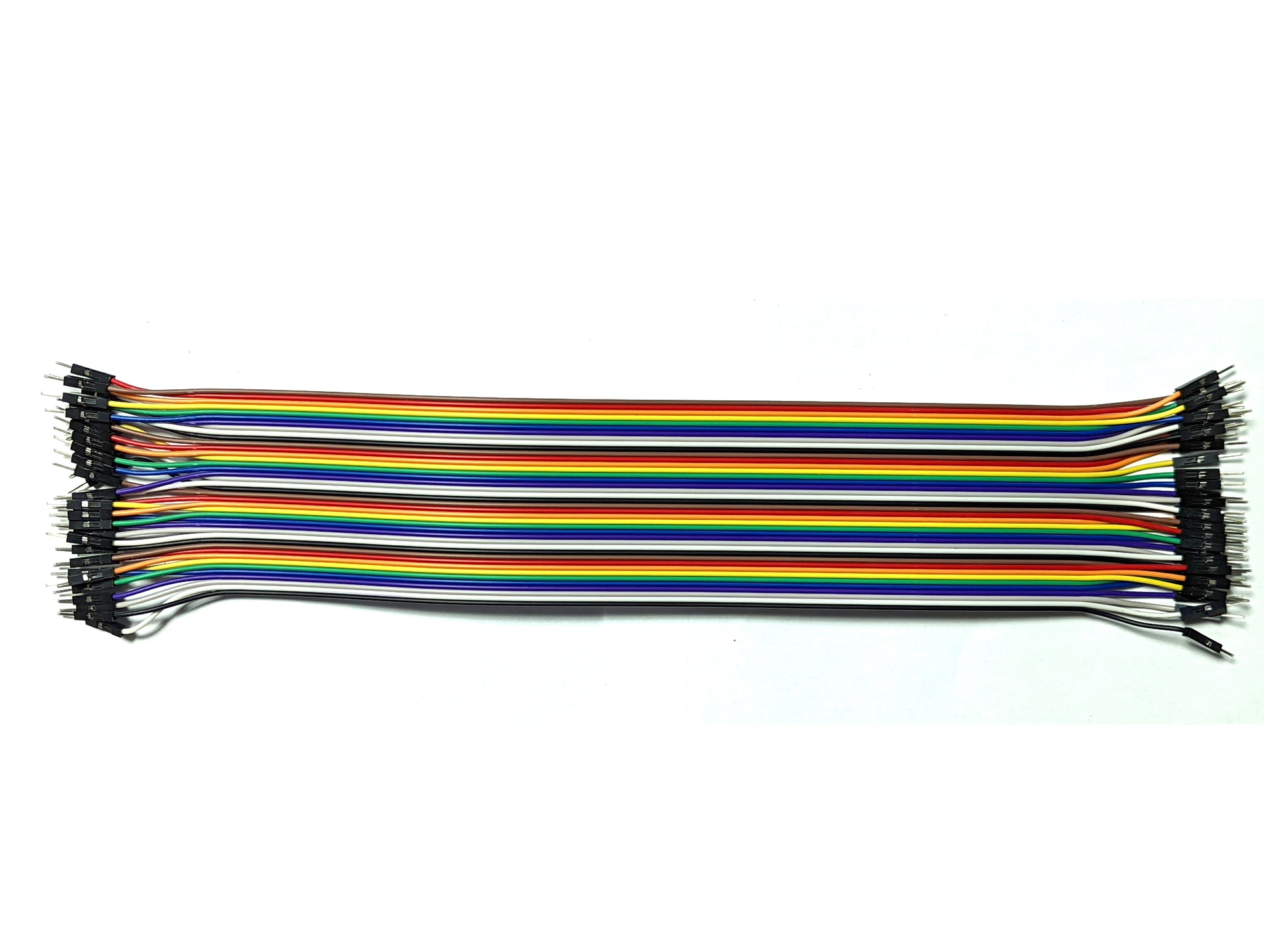 A bundle of 40 DuPont wires in various colors including black, white, grey, purple, blue, green, yellow, orange, and red, arranged neatly side by side.
