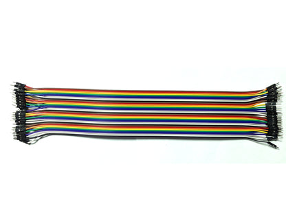 A bundle of 40 DuPont wires in various colors including black, white, grey, purple, blue, green, yellow, orange, and red, arranged neatly side by side.