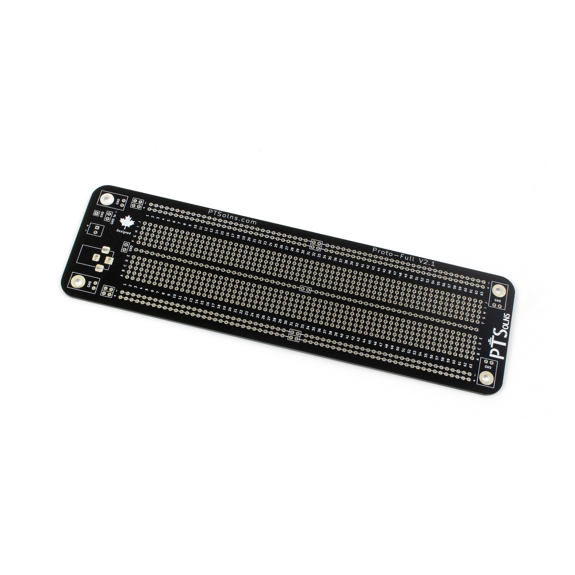 PTSolns Proto-Full prototyping perf board with silkscreen printing on both sides showing dashed white lines indicating electrical connections, separate ground and negative rails, two power input methods (screw terminal and female power jack), four M3 mounting holes for grounding or stacking, multiple configurable power rails, and a central rail that can be connected to ground.