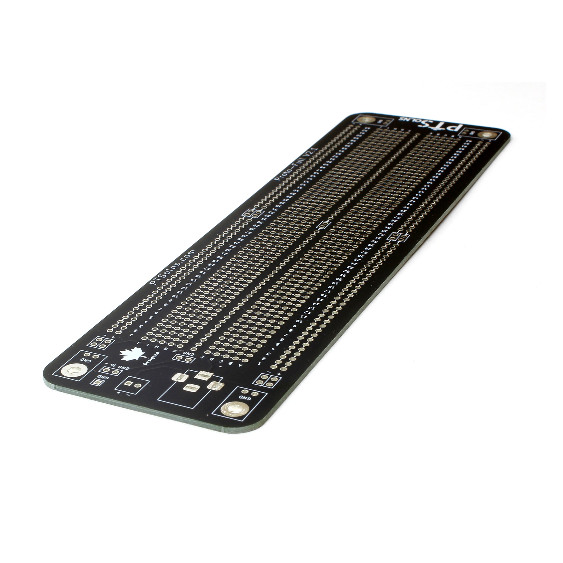 Front view of the PTSolns Proto-Half prototyping perf board showing silkscreen printing on the top side, power rails, mounting holes, and power input connectors including a screw terminal and female power jack.