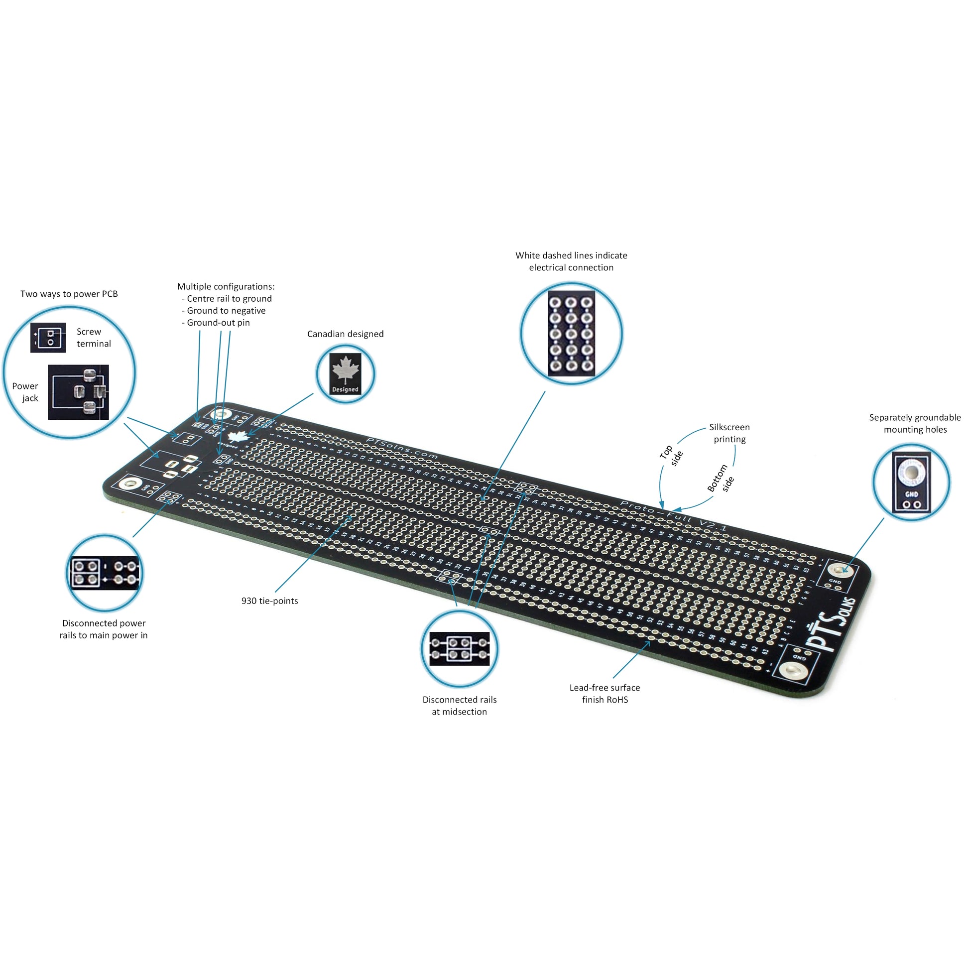 PTSolns Proto-Half prototyping board with screw terminal and power jack inputs, multiple configurable power rails, mounting holes, and silkscreen markings indicating connections.