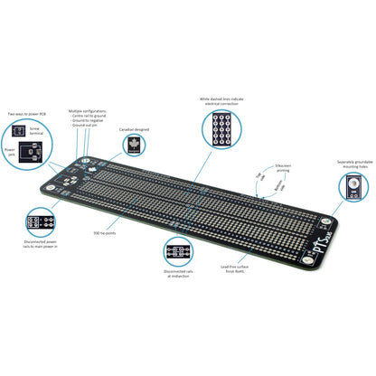 PTSolns Proto-Half prototyping board with screw terminal and power jack inputs, multiple configurable power rails, mounting holes, and silkscreen markings indicating connections.