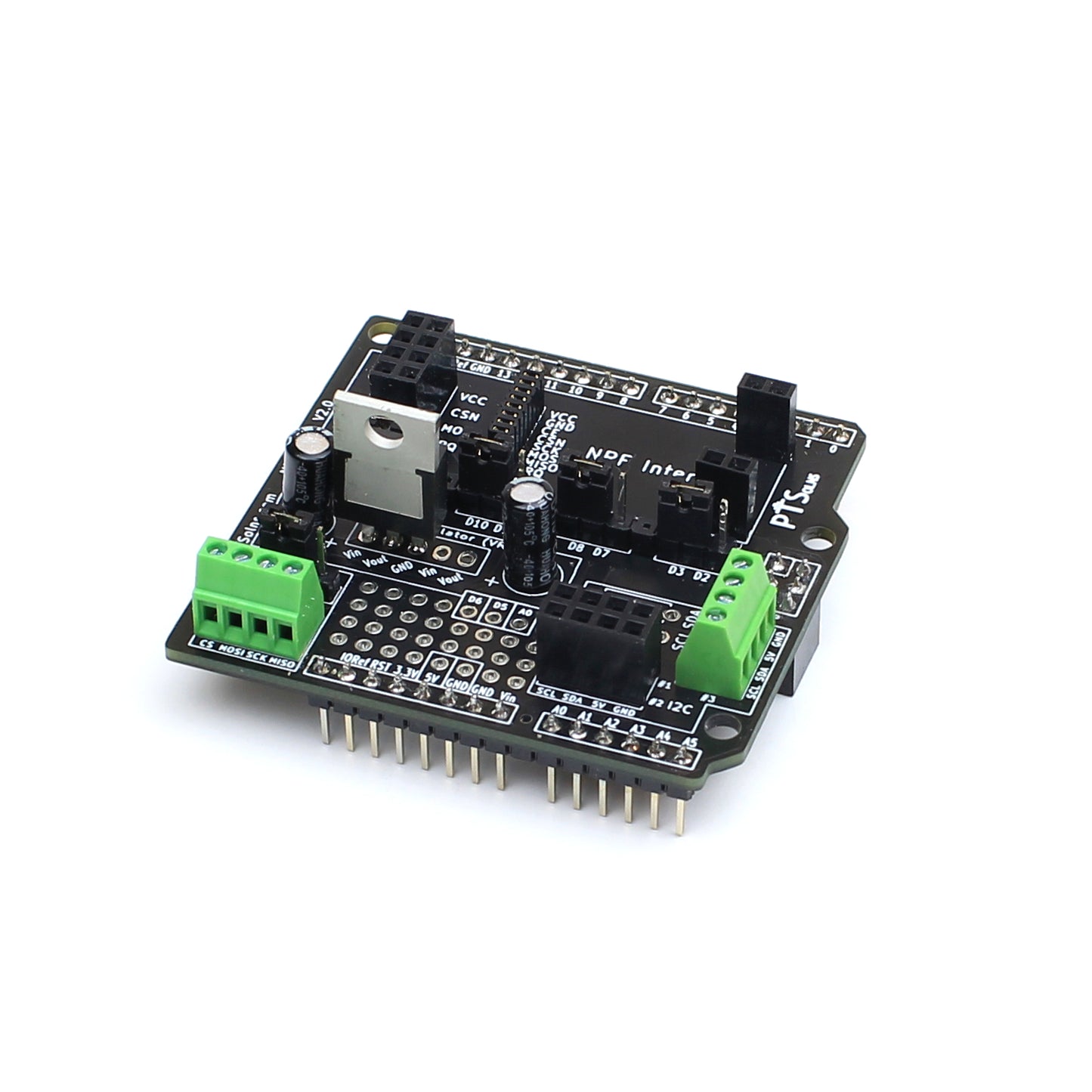 PTSolns NRF-Shield for Arduino Uno R3 form factor, designed to easily add Nordic nRF24L01+ RF communication modules. The shield features slots for common nRF24L01+ modules (Mini, Standard, +PA+LNA), power options from 3.3V microcontroller pin or external supply, hardware selection pins for flexible coding, and supports up to three I2C devices at 5V logic (3.3V for Due). Canadian designed with full Arduino Uno R3, Mega, Leonardo, Due compatibility.