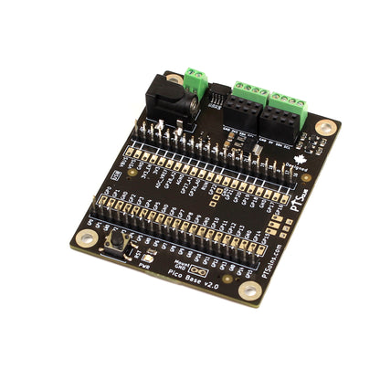 PTSolns Pico Base board shown flat with labeled headers and components, designed to expand Raspberry Pi Pico functionality.