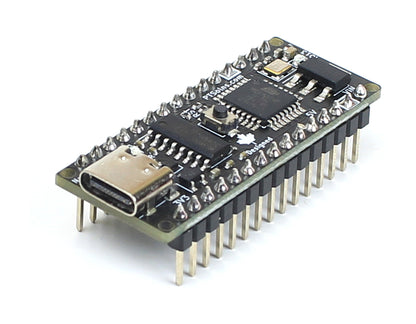 Front view of PTSolns Nano Flip microcontroller development board showcasing USB-C port, compact layout, onboard reset button, and power and programmable LEDs for easy programming and prototyping