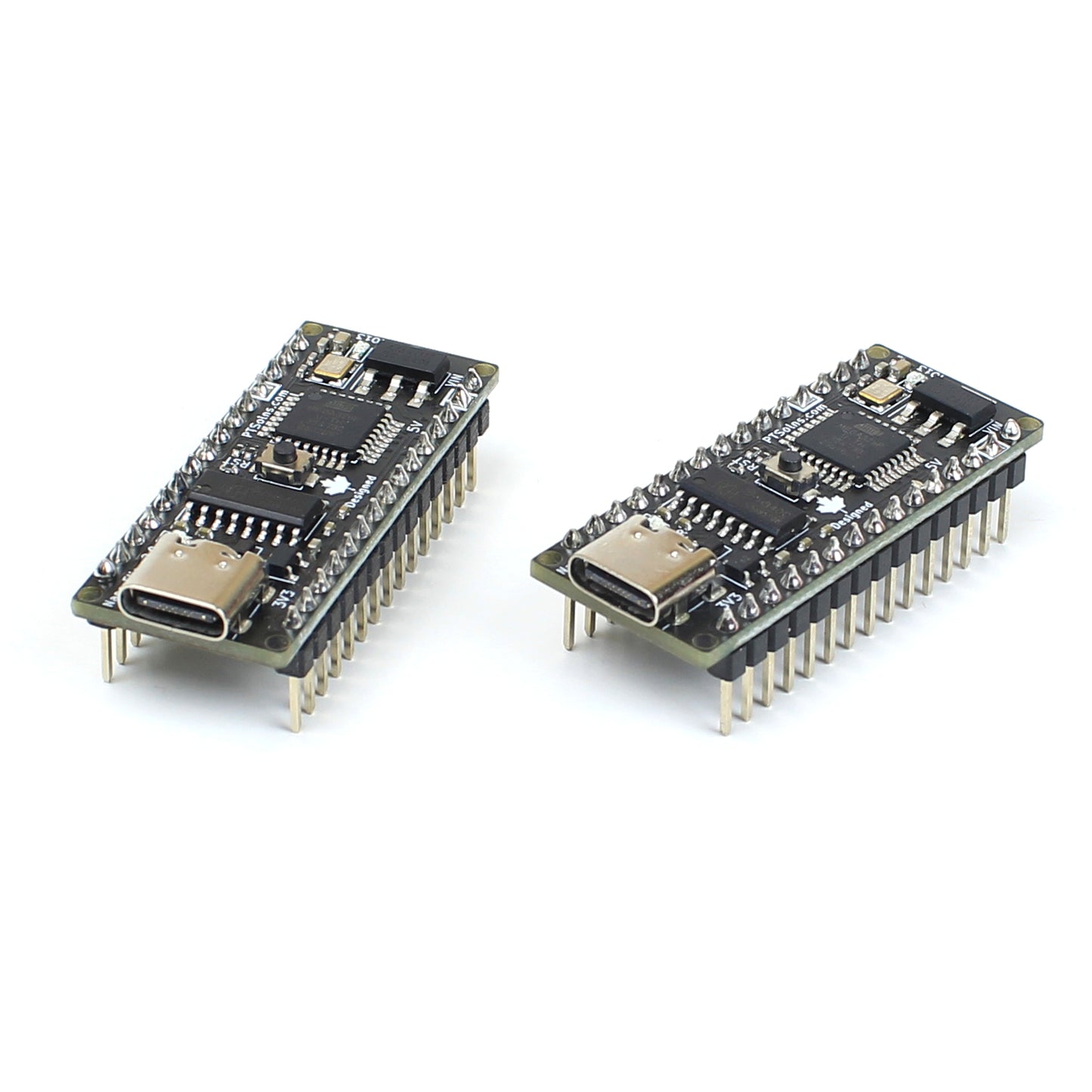 PTSolns Nano Flip microcontroller development board featuring ATmega328P, USB-C programming and power, compact footprint ideal for breadboard use, onboard reset and programmable LEDs, power management jumpers, and pre-installed bootloader with GetStarted sketch for rapid prototyping