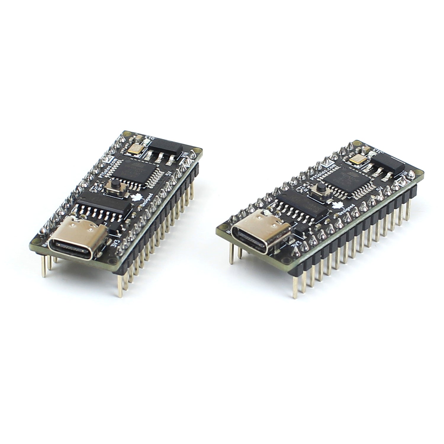 PTSolns Nano Flip microcontroller development board featuring ATmega328P, USB-C programming and power, compact footprint ideal for breadboard use, onboard reset and programmable LEDs, power management jumpers, and pre-installed bootloader with GetStarted sketch for rapid prototyping