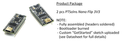Two fully assembled PTSolns Nano Flip 3V3 microcontroller development boards, each with pre-installed bootloader and custom GetStarted sketch uploaded for immediate use in prototyping and development projects
