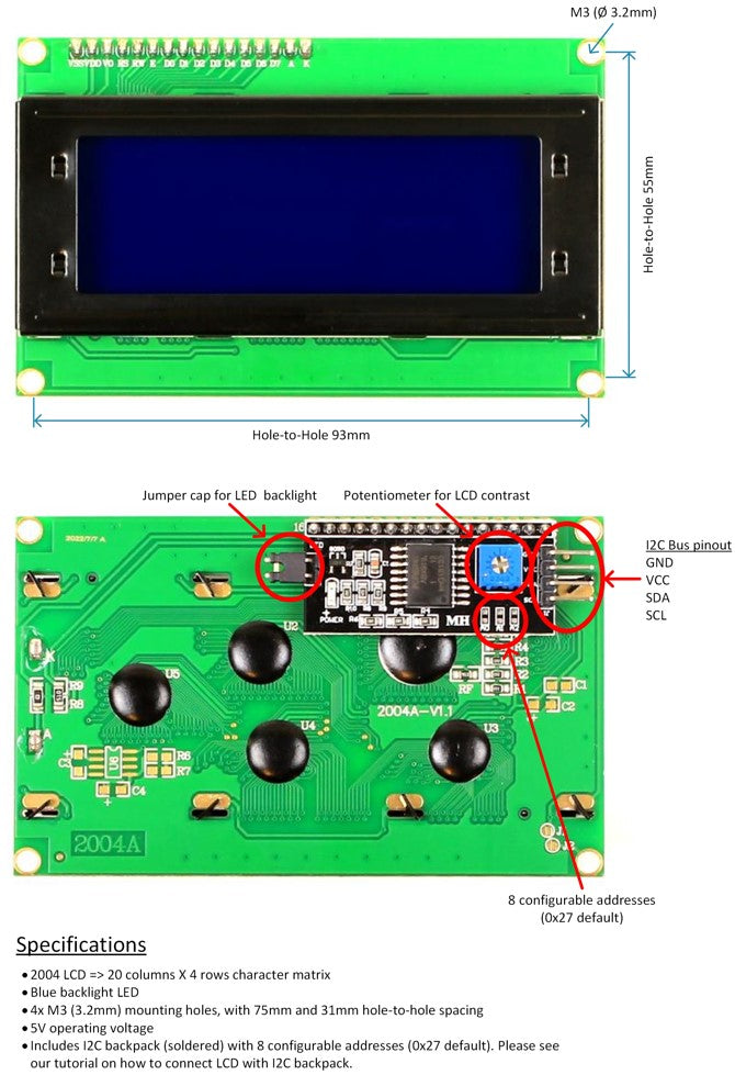 2004 LCD, Blue, 5V, I2C Schematic